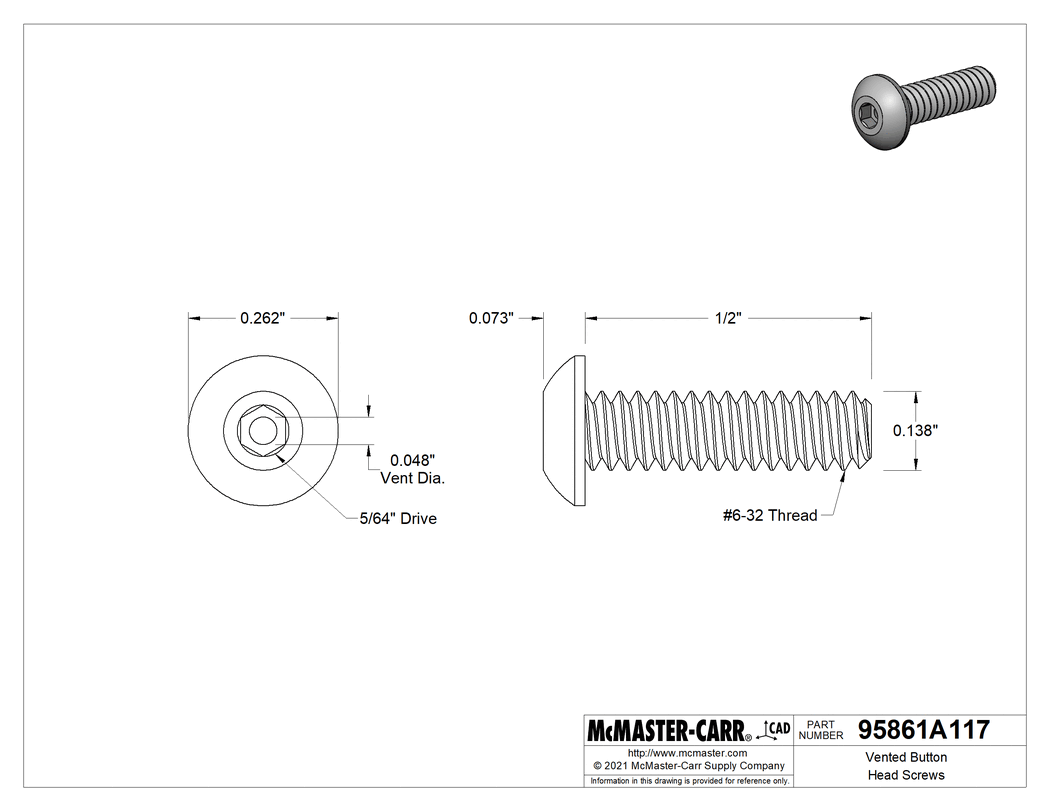 Technical Drawing of Vented Button Head Screws, 6-32 Thread, 1/2" Long.